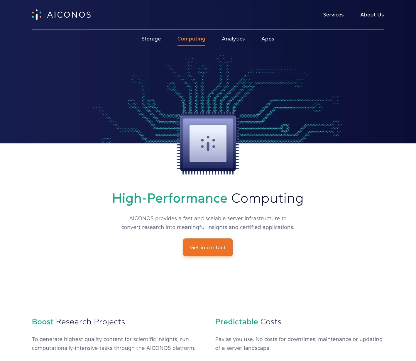 High-performance computing page of the same platform, with a chip illustration on dotted circuit lines