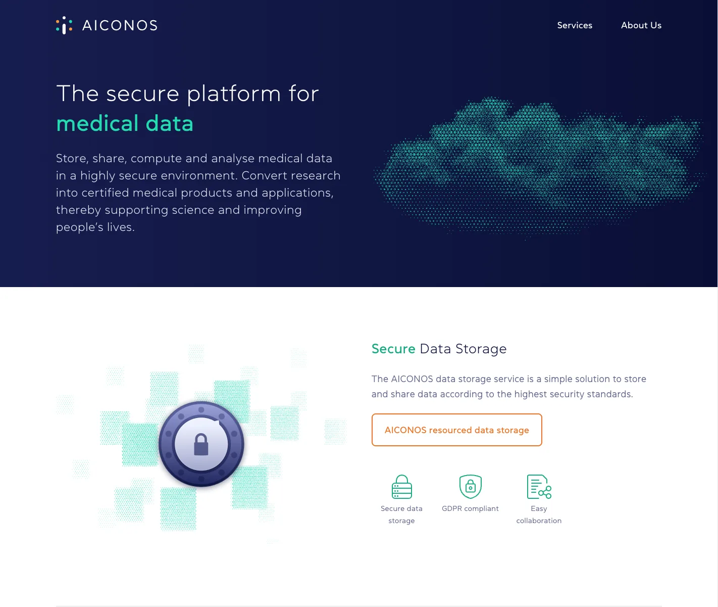 Website for a medical data platform: dark hero with a dotted data cloud, secure storage section with a vault illustration