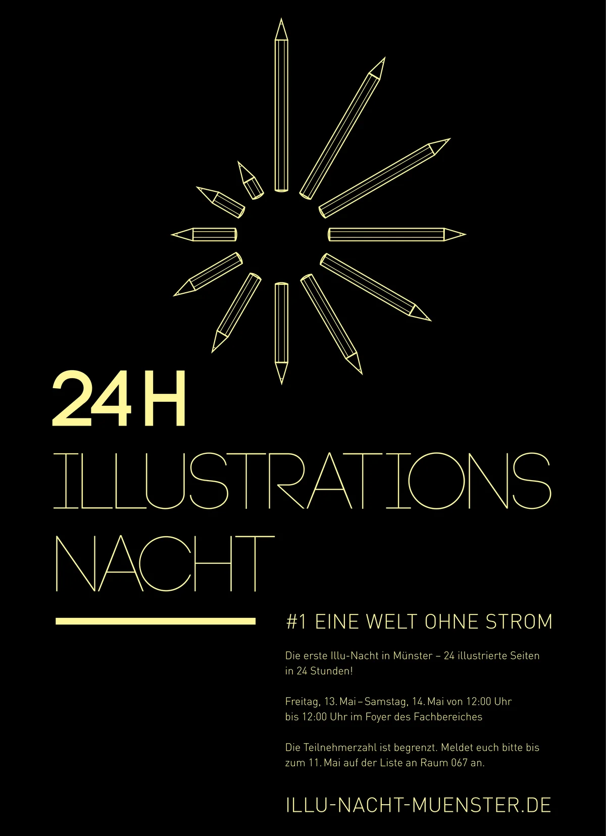 Black poster for a 24-hour illustration night, with pencils arranged in a circle in yellow line art