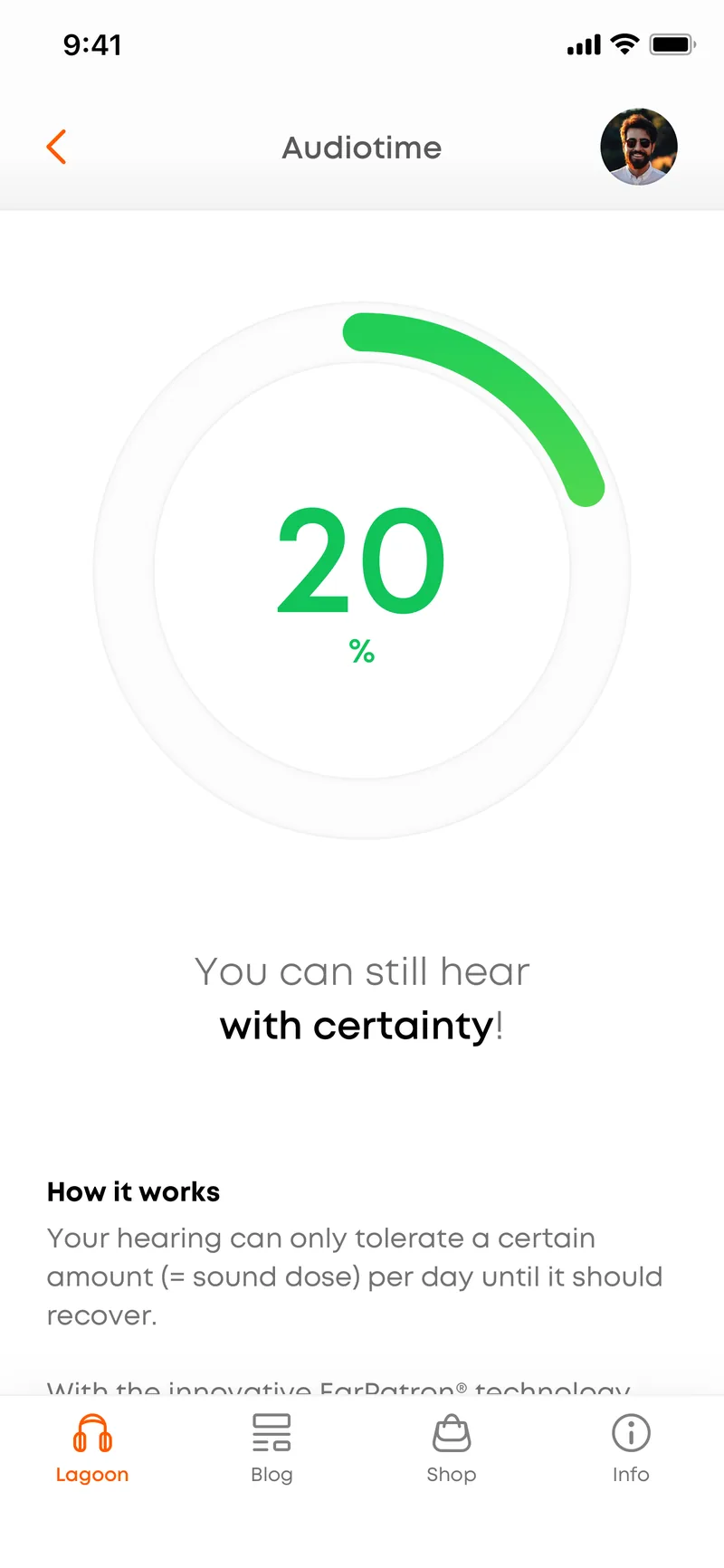 Headphone app screen showing the remaining daily sound dose as a ring at 20 %