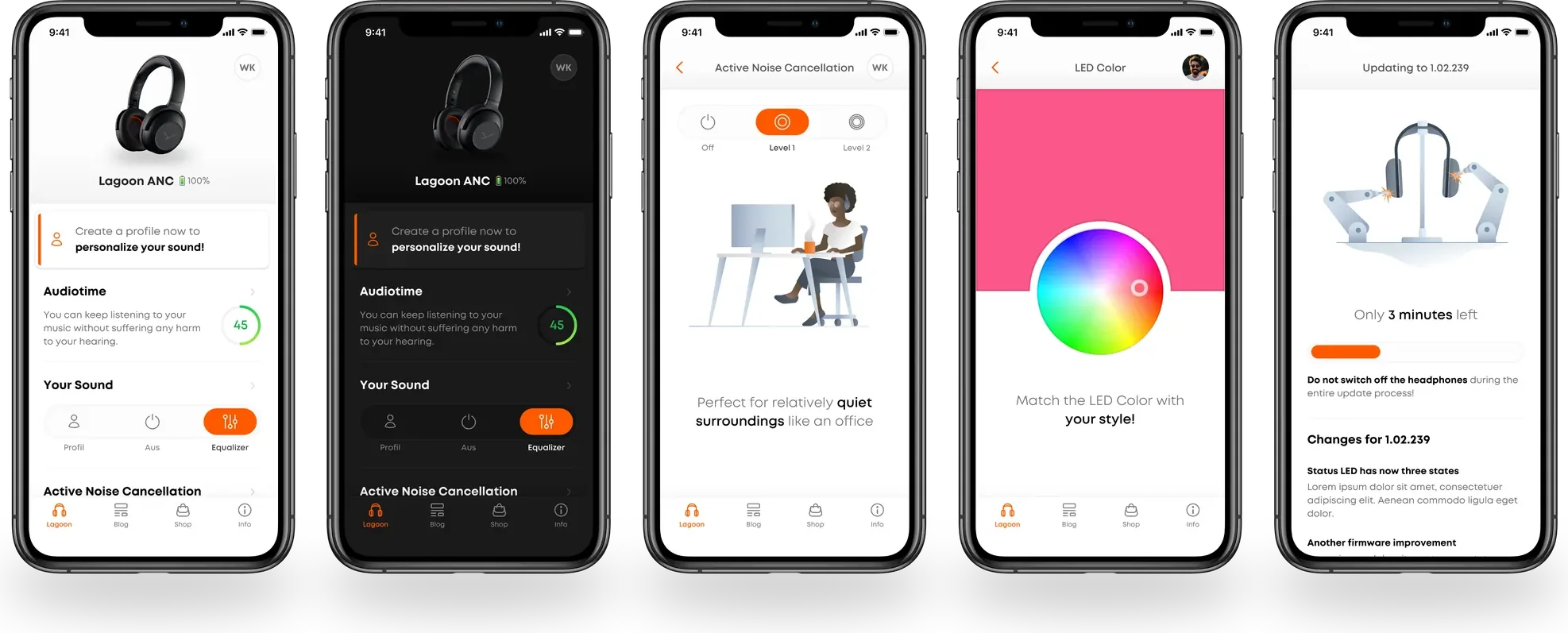 Five screens of a headphone companion app: home in light and dark, noise cancellation, LED colour and firmware update