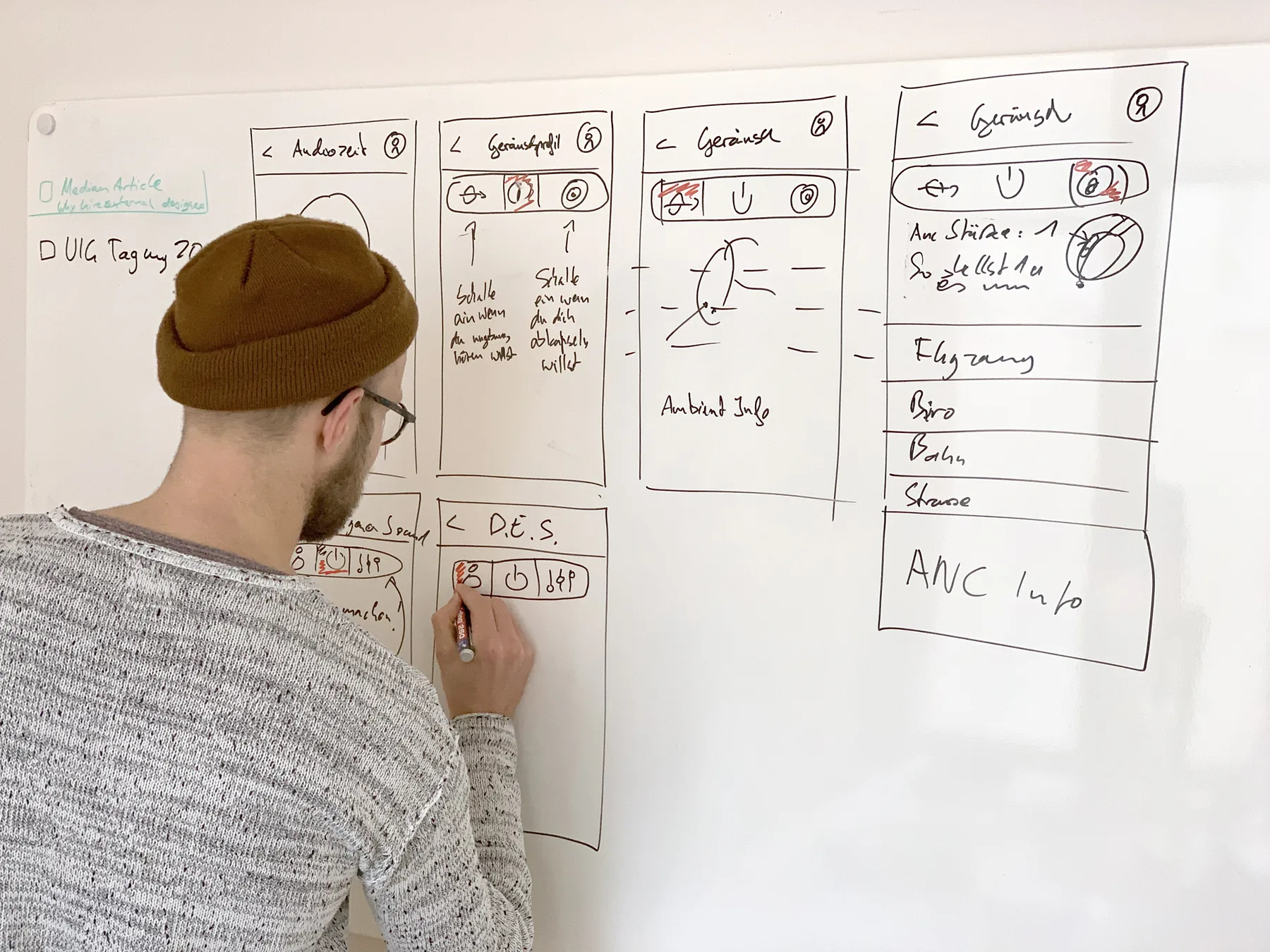 Sketching app screens for noise cancellation on a whiteboard