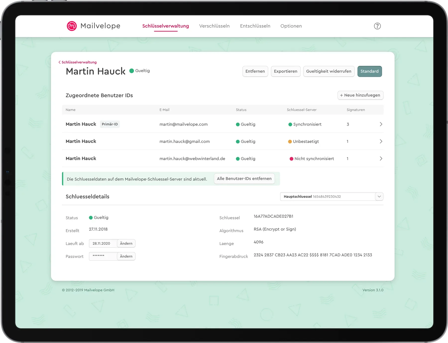 Key management screen of an email encryption browser extension on a tablet