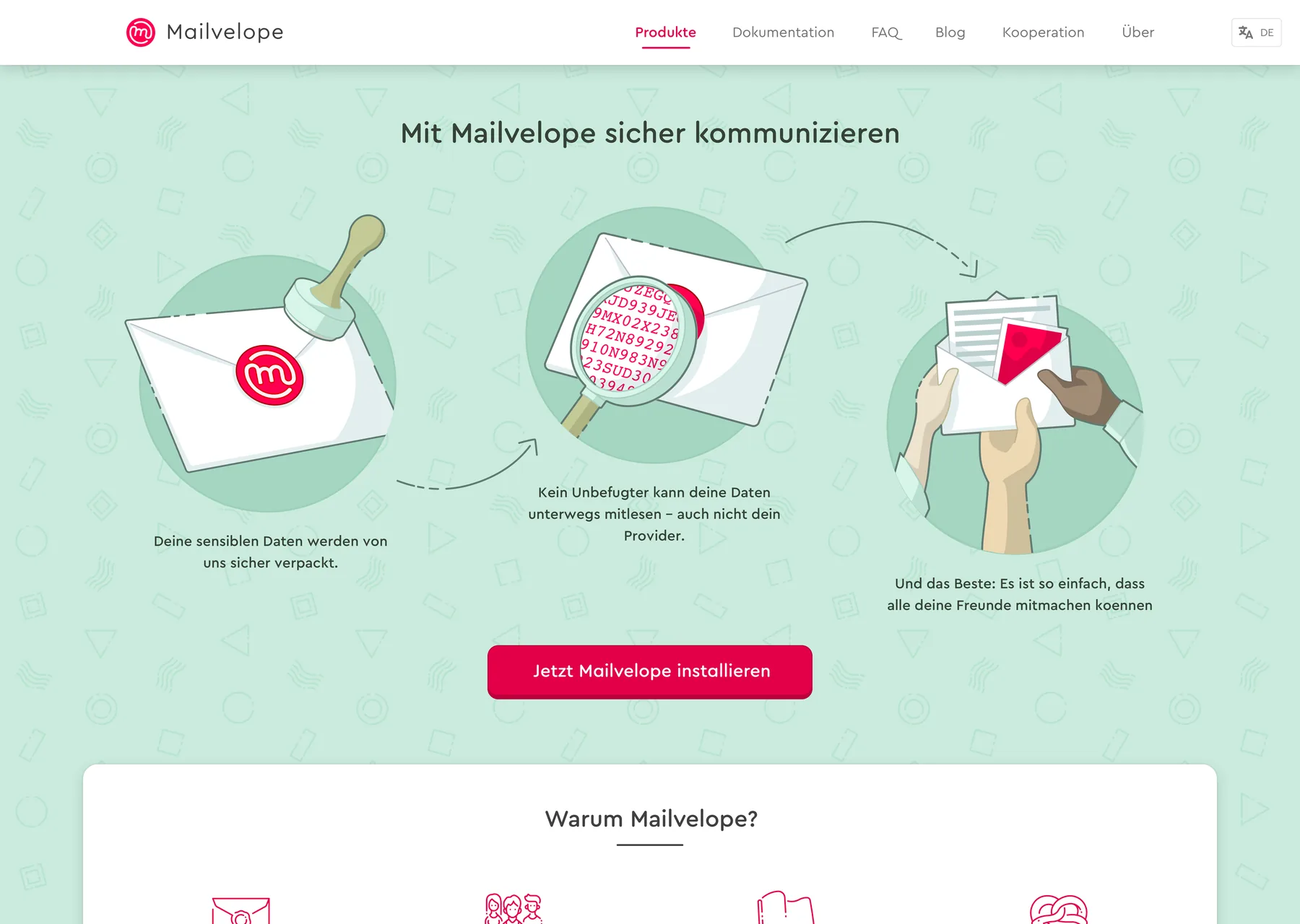 Landing page of an email encryption service with three illustrated steps