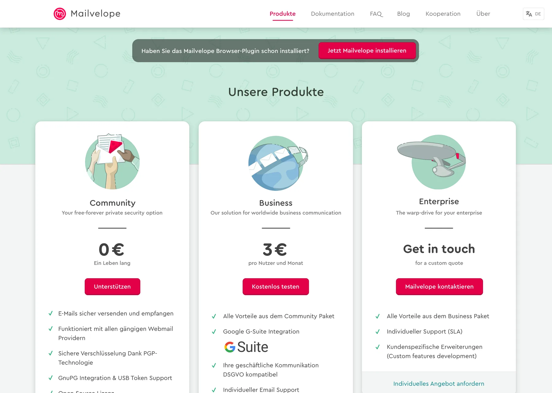 Pricing page with Community, Business and Enterprise plans