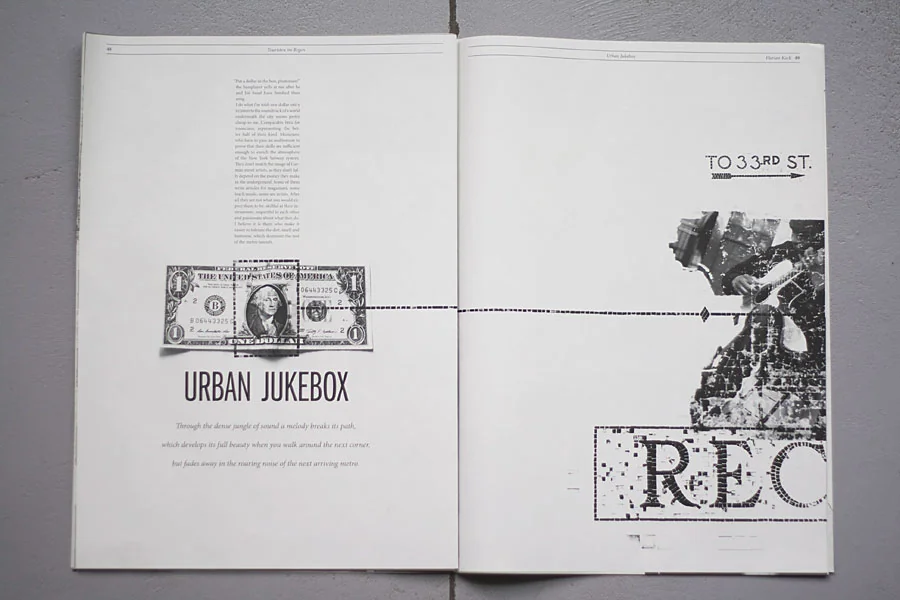 Magazine spread “Urban Jukebox”: a dollar bill on the left, a subway mosaic sign torn into a collage on the right