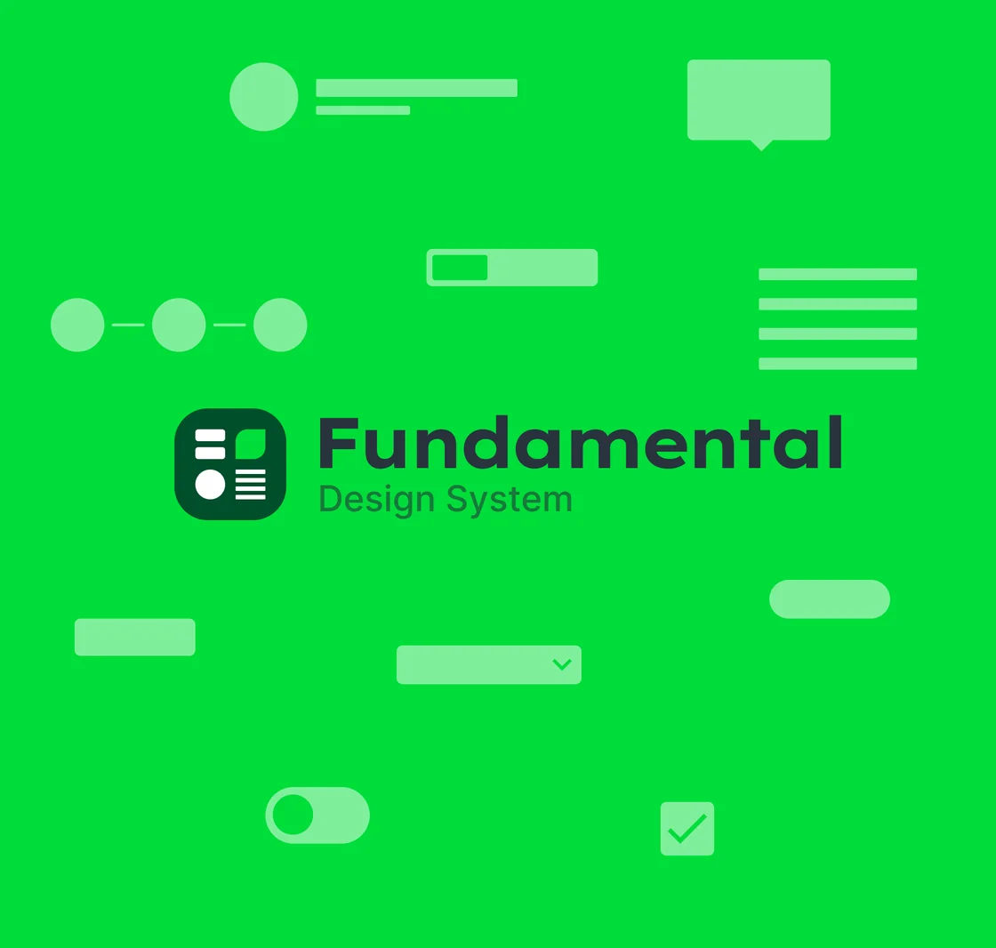 Fundamental design system cover: the logo and wordmark surrounded by simplified components such as a stepper, toggle, checkbox and dropdown.