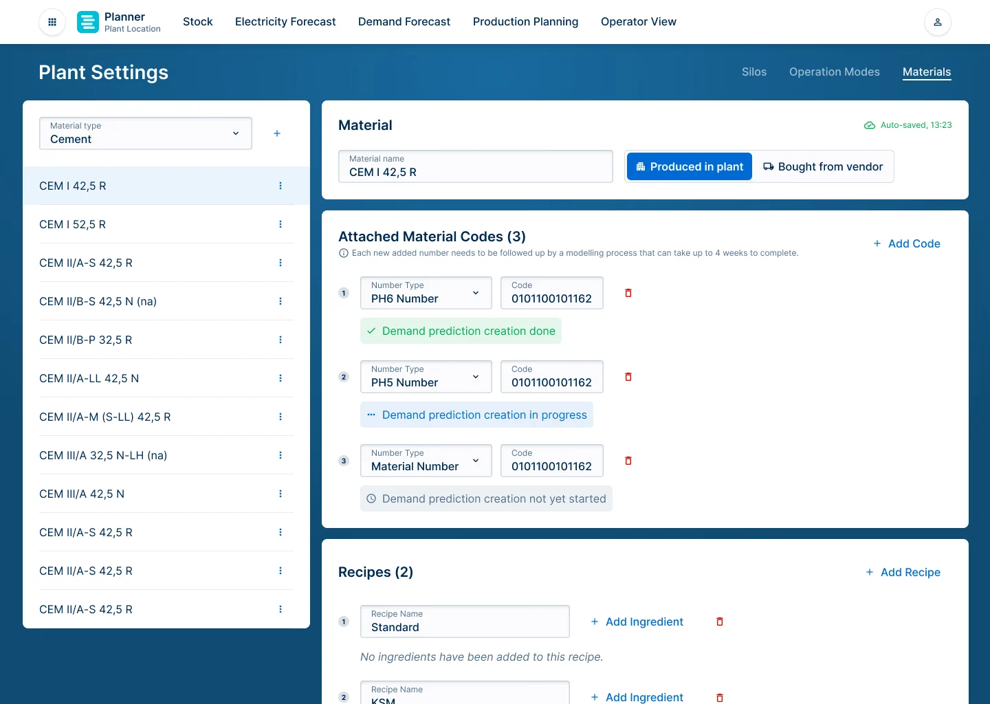 Planner plant settings: a list of cement materials with material codes, demand prediction status and recipes.
