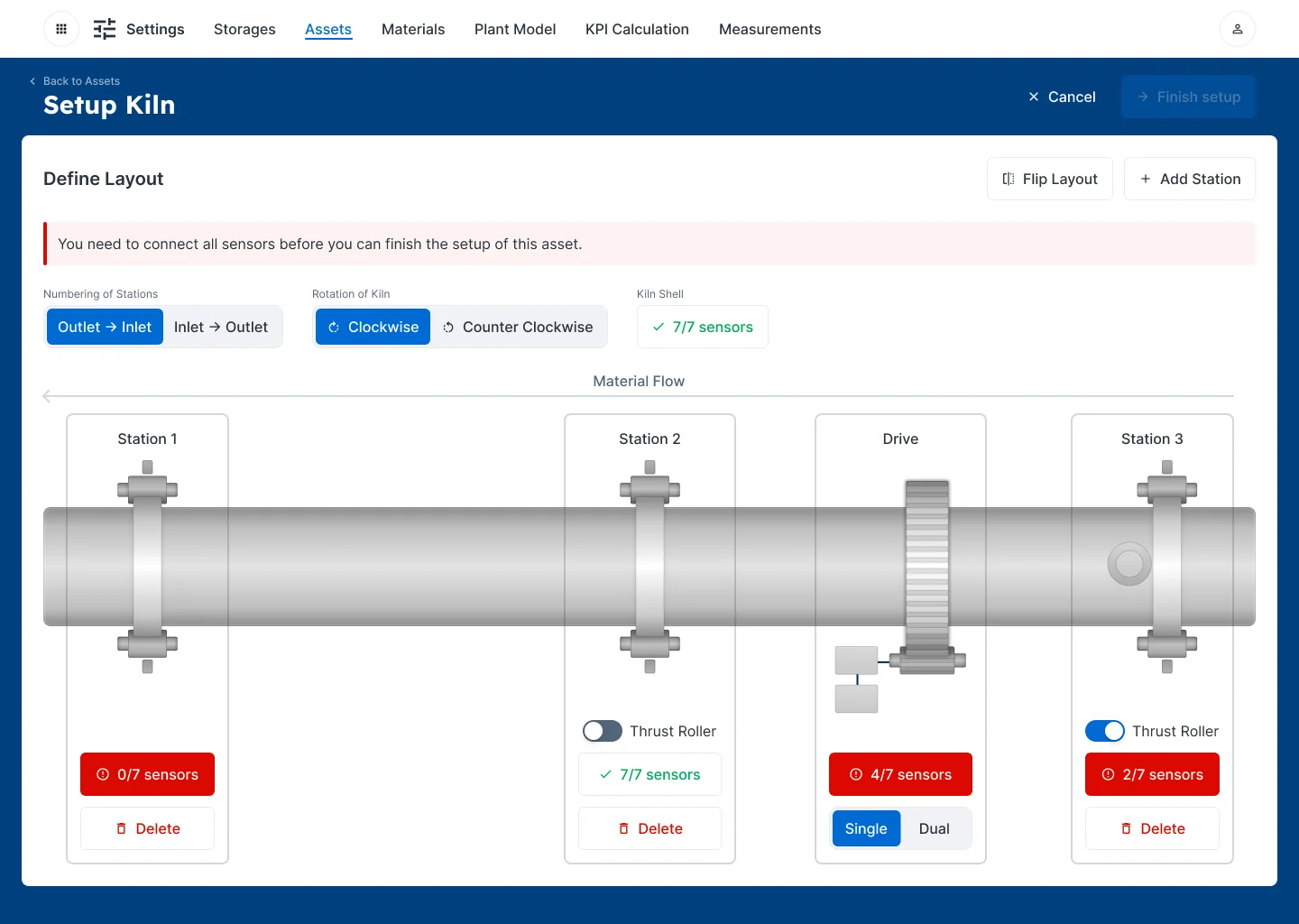 Shared settings app with storages, assets, materials, plant model, KPI calculation and measurements: setting up a kiln by placing stations along the kiln and connecting their sensors.