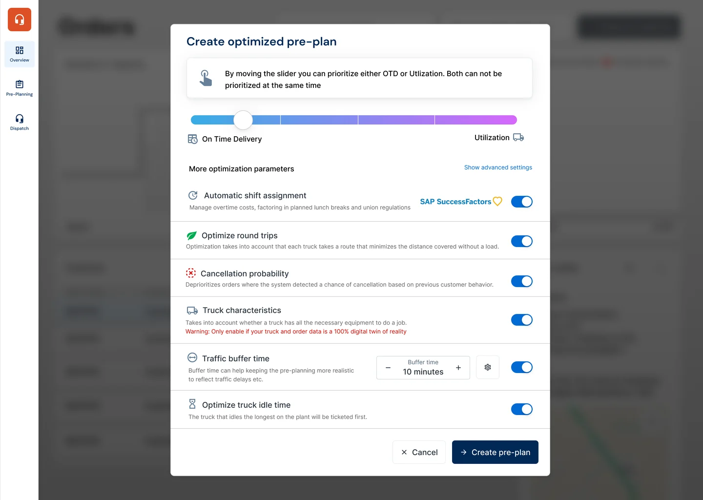 Wireframe: create pre-plan dialog with a slider between on-time delivery and utilization