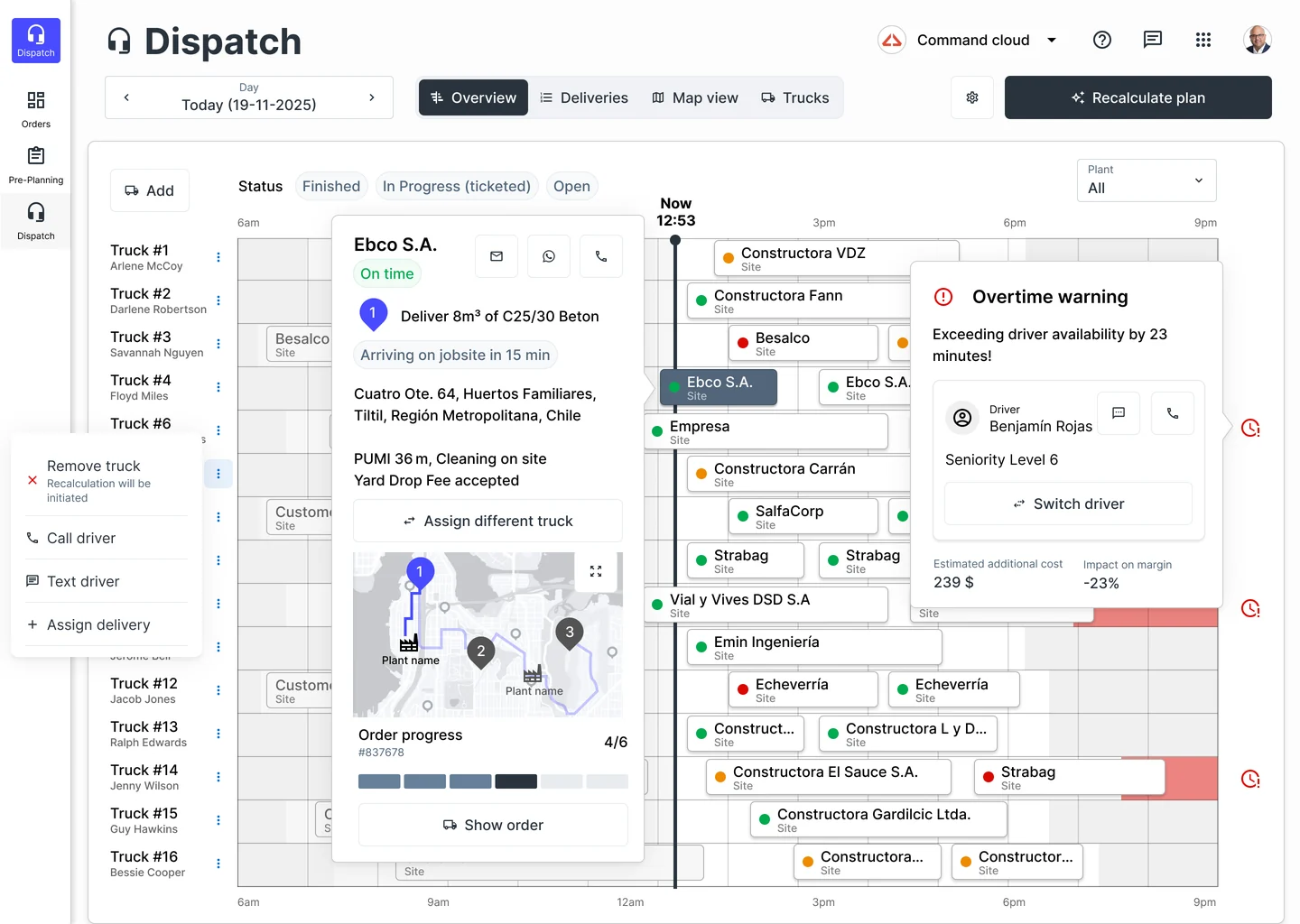 Wireframe: dispatch timeline with an overtime warning for a driver