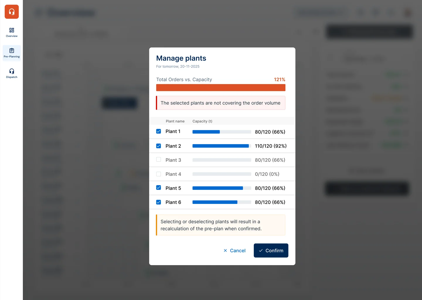 Wireframe: manage plants dialog warning that selected plants cannot cover the order volume