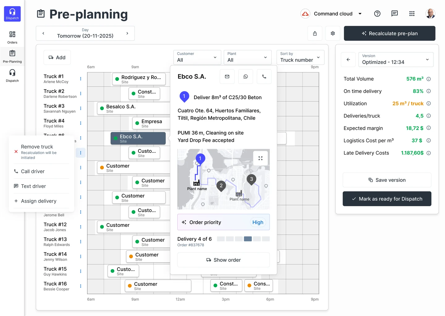 Wireframe: pre-planning timeline of trucks and deliveries with plan KPIs