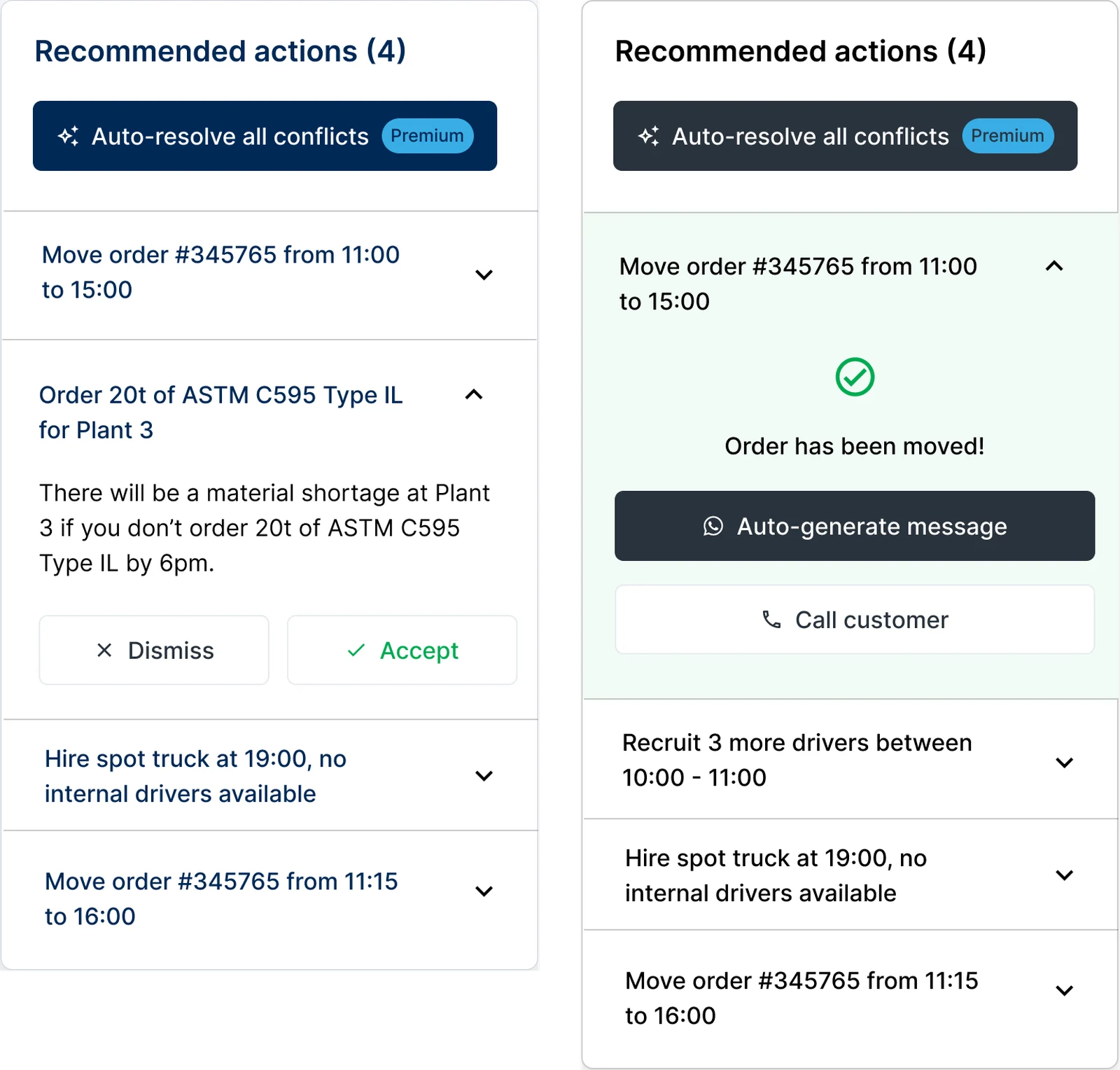 Two states of the recommended actions panel: a material shortage recommendation with dismiss and accept, and an accepted order move with options to auto-generate a message or call the customer.