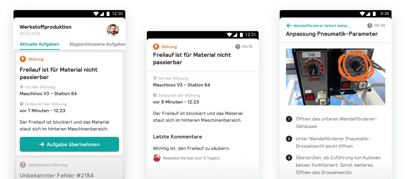 Three phone screens: the task list with a failure on top, the failure with location, time and a colleague’s comment, and a solution path with a photo of the control to adjust and numbered steps.