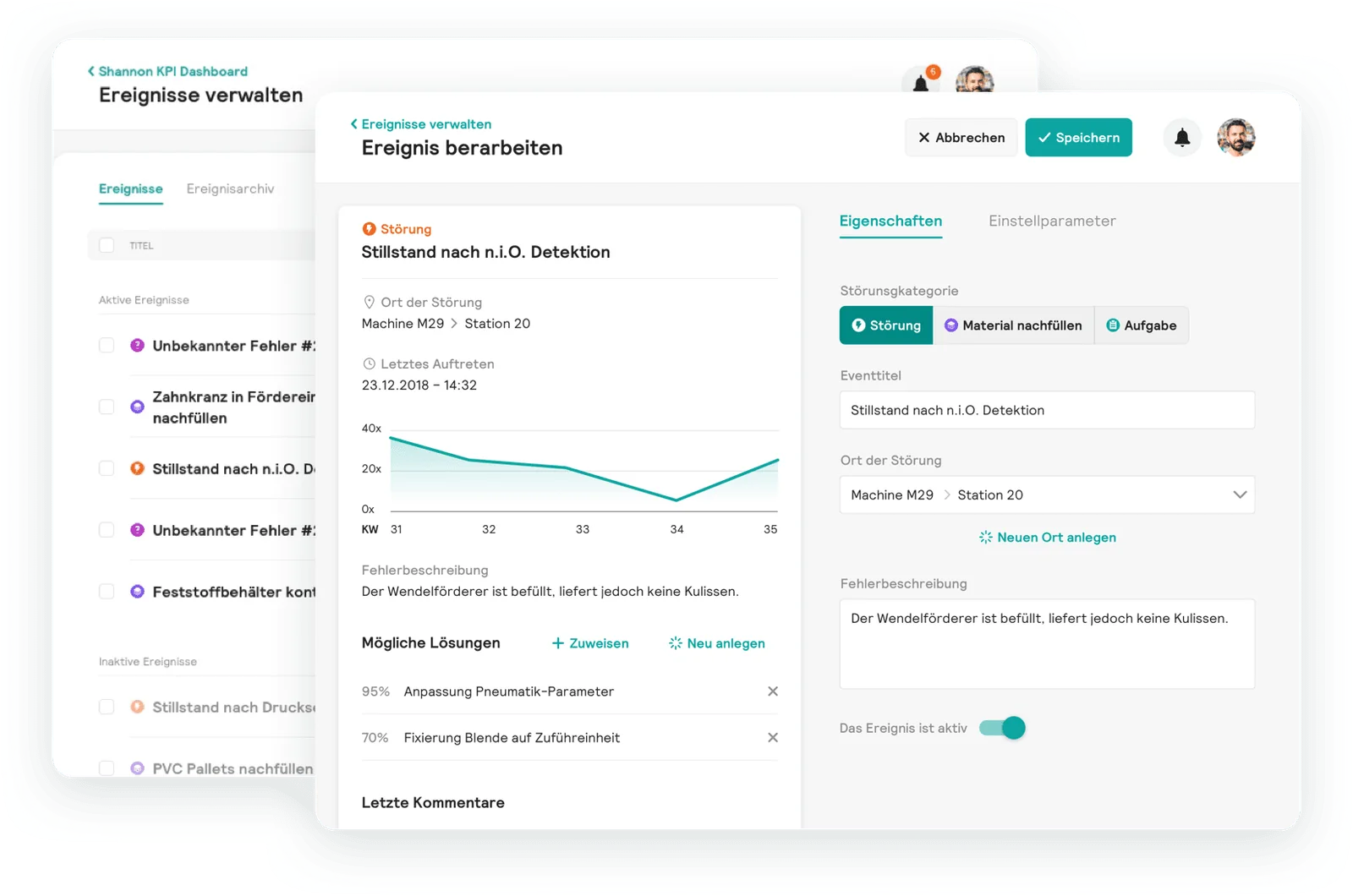 Event management on the desktop: the list of active and inactive events, and an event being edited with its occurrence chart, possible solutions and properties such as category and location.