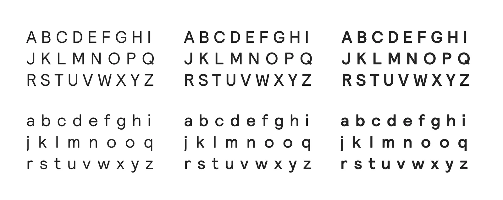 The alphabet in upper and lower case, set in three weights of a geometric sans-serif typeface.