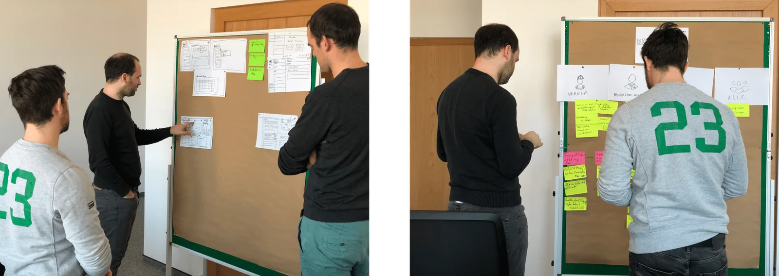 Two photos from a workshop: three people discussing paper wireframes pinned to a board, and two people working on a board with role cards for worker, production lead and everyone.